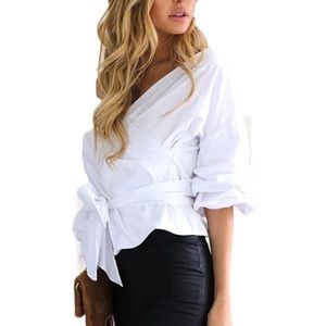 White off the shoulder v-neck, puff sleeve blouse